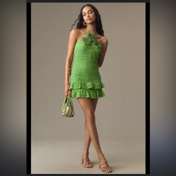 Farm Rio Halter Floral Ruffle Crochet Mini Dress, size large